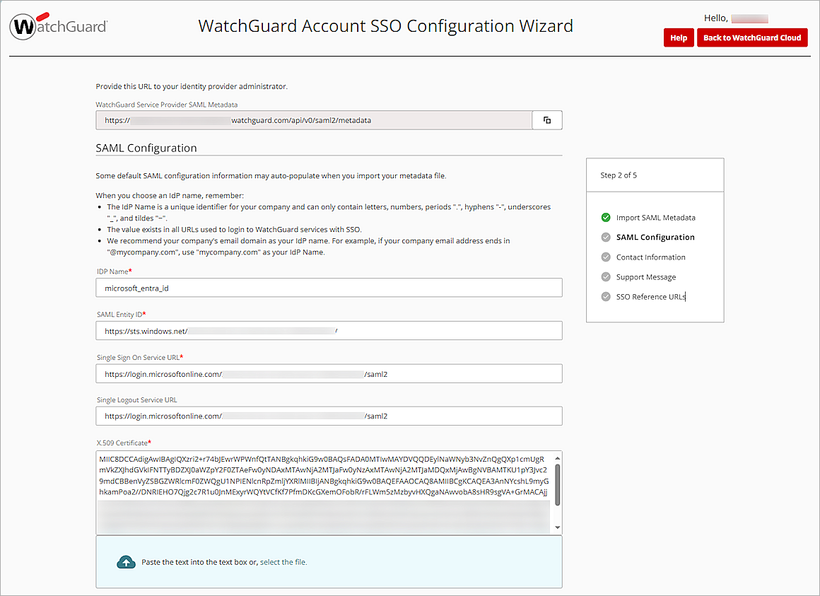 Screenshot of WGC, SAML Configuration page